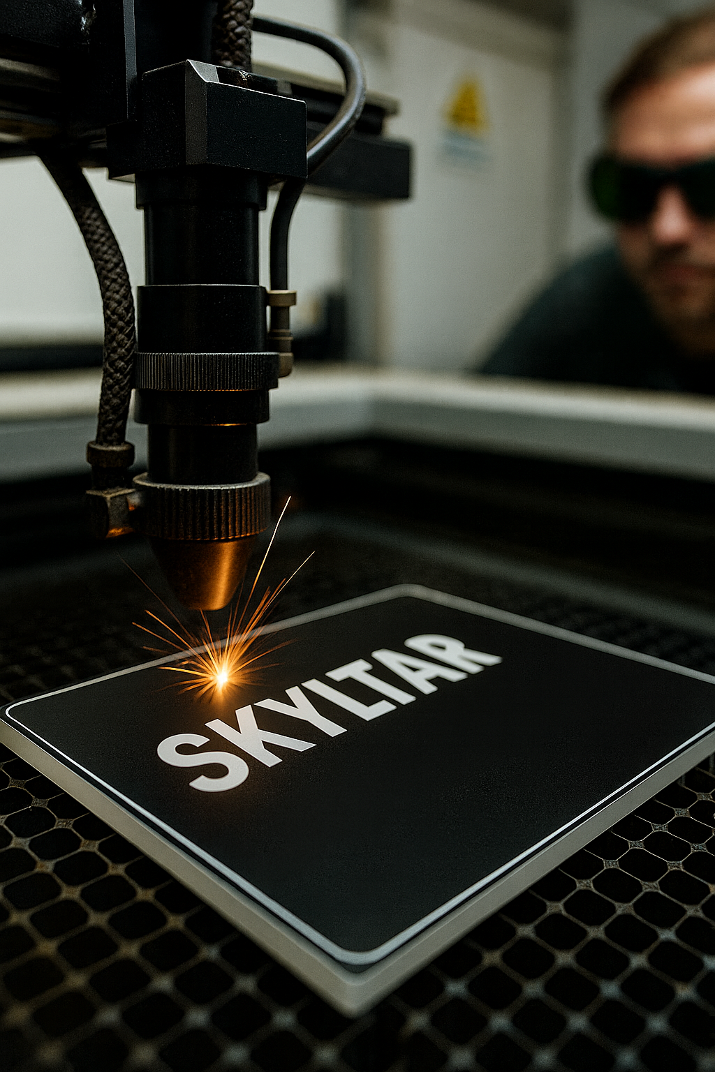 Lasergravyr av skylt i akryl i svensk fabrik